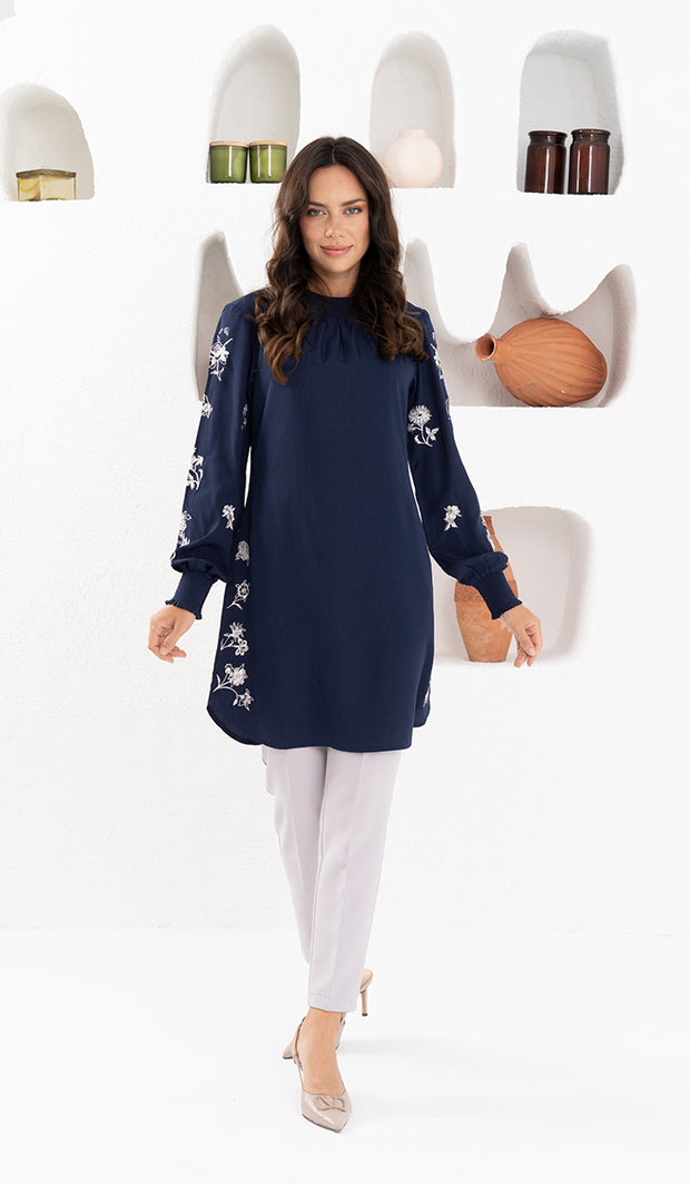 Golnar Embroidered Long Modest Tunic - Navy