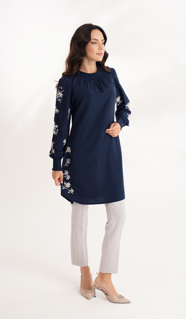 Golnar Embroidered Long Modest Tunic - Navy