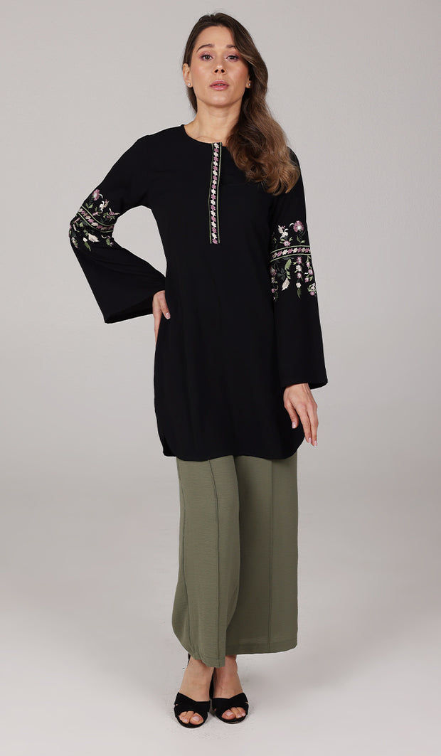 Gulzar Embroidered Long Modest Tunic - Black- PREORDER (ships in 2 weeks)