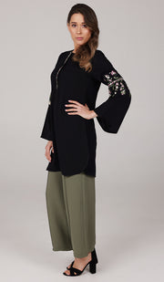 Gulzar Embroidered Long Modest Tunic - Black- PREORDER (ships in 2 weeks)