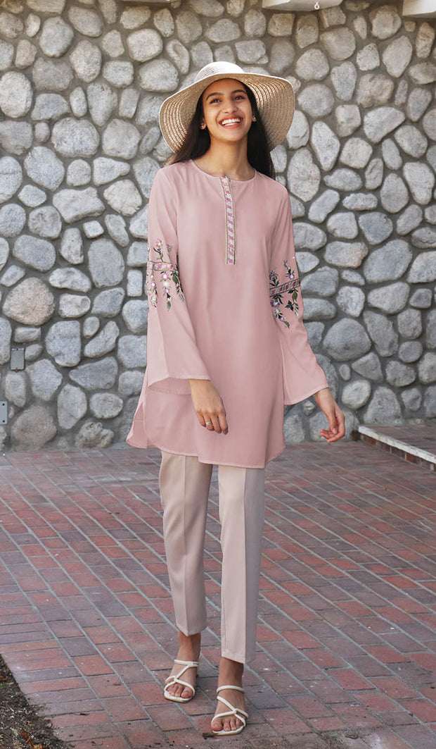 Gulzar Embroidered Long Modest Tunic - Dusty Rose