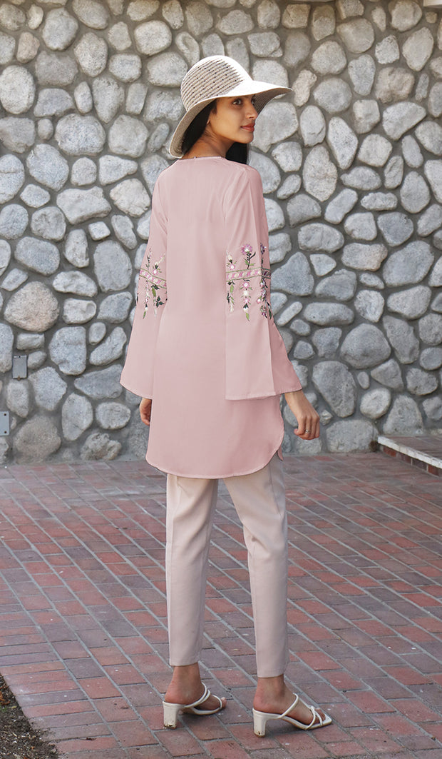 Gulzar Embroidered Long Modest Tunic - Dusty Rose