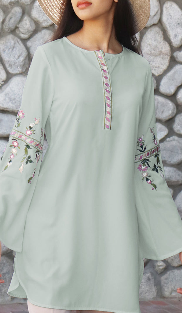 Gulzar Embroidered Long Modest Tunic - Sage
