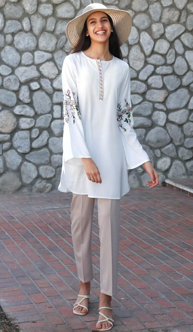 Gulzar Embroidered Long Modest Tunic - White
