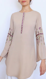 Gulzar Embroidered Long Modest Tunic - Latte