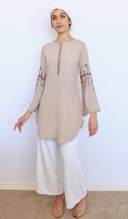 Gulzar Embroidered Long Modest Tunic - Latte