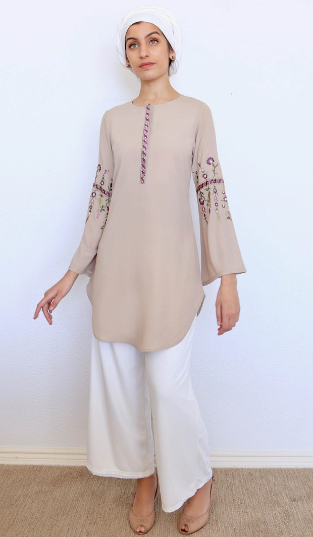 Gulzar Embroidered Long Modest Tunic - Latte