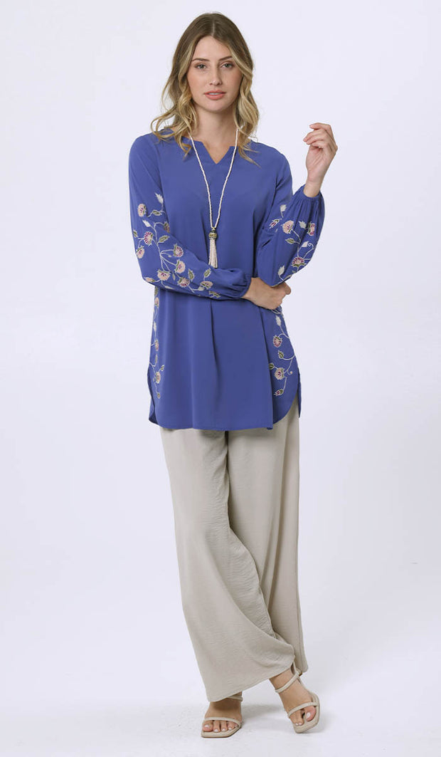Hadeel Embroidered Long Modest Tunic- Blue Azure