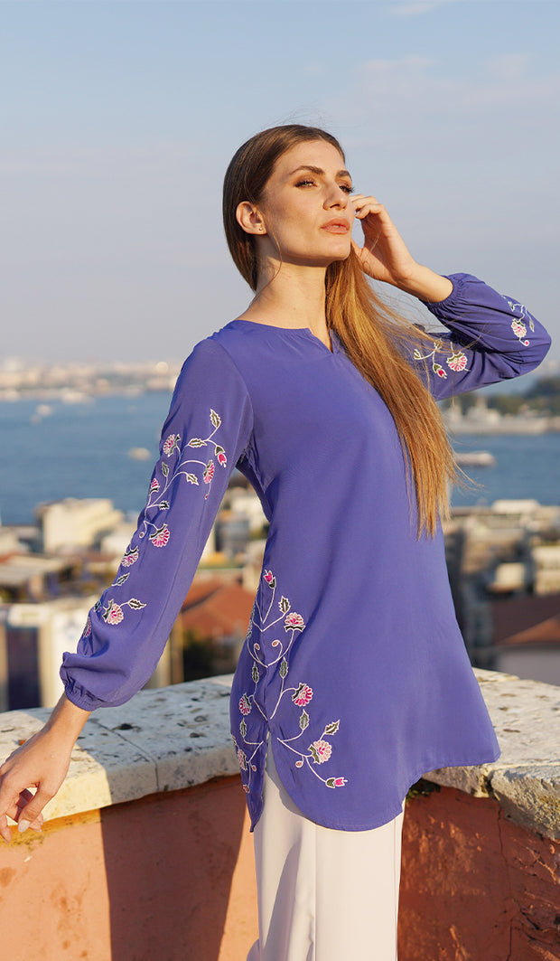 Hadeel Embroidered Long Modest Tunic - Azure