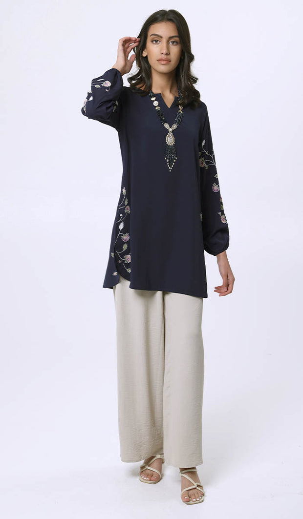 Hadeel Embroidered Long Modest Tunic - Navy - PREORDER (ships in 2 weeks)