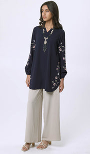 Hadeel Embroidered Long Modest Tunic - Navy