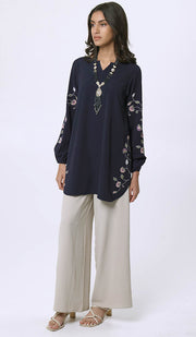 Hadeel Embroidered Long Modest Tunic - Navy - PREORDER (ships in 2 weeks)