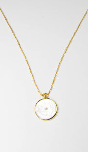 Hand Engraved Mother of Pearl Kun Fayakun Necklace - Gold plated Sterling Silver