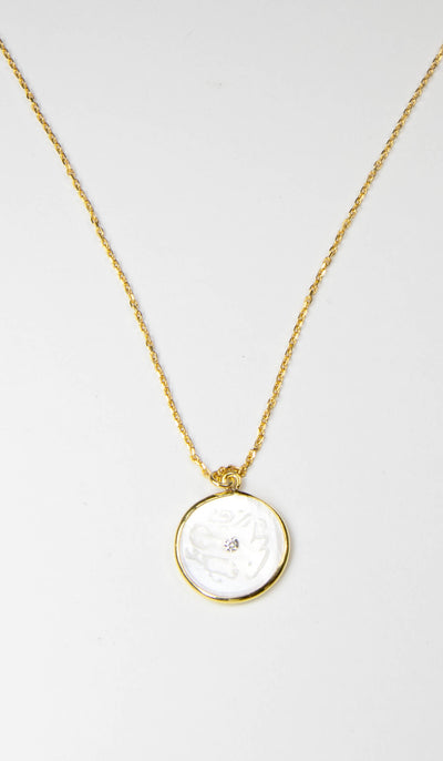 Hand Engraved Mother of Pearl Kun Fayakun Necklace - Gold plated Sterling Silver
