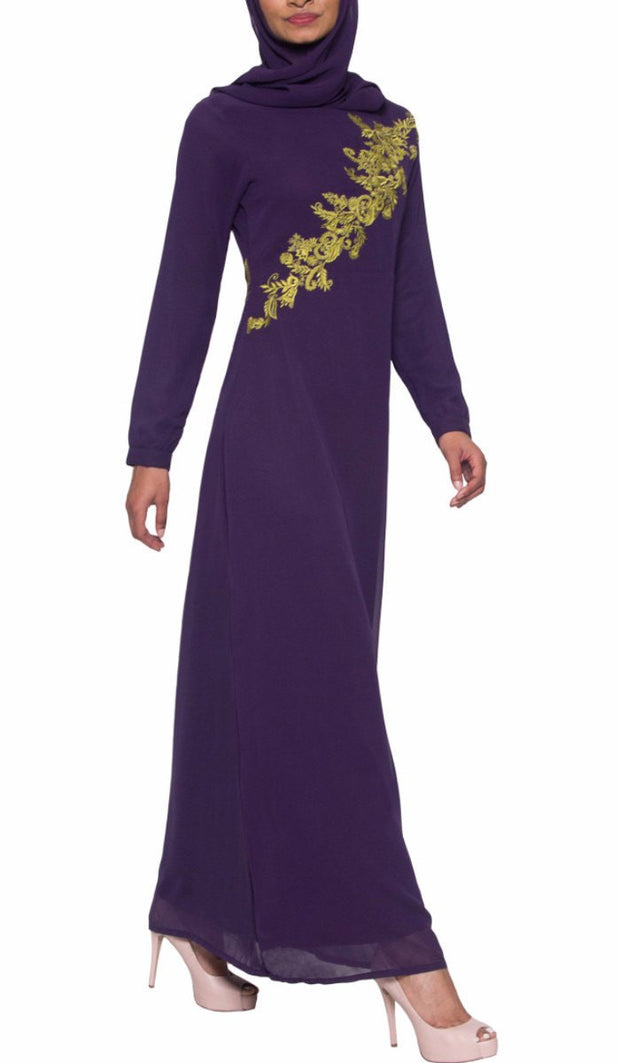 Hanna Embroidered Modest Muslim Evening Dress - Dark Purple