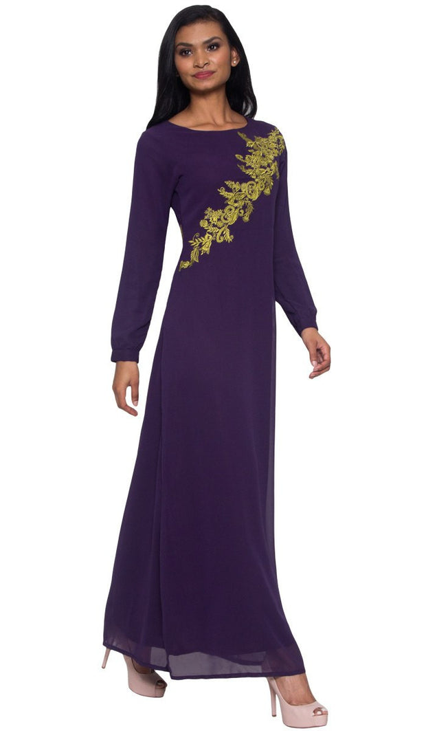 Hanna Embroidered Modest Muslim Evening Dress - Dark Purple
