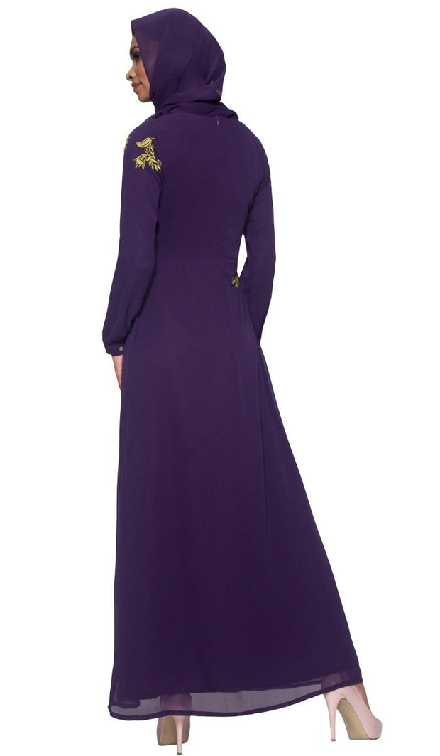 Hanna Embroidered Modest Muslim Evening Dress - Dark Purple
