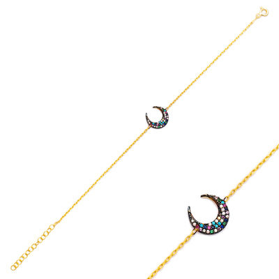 Bracelet à breloques réglable en forme de croissant de lune multicolore Hena minimaliste en argent sterling - Or