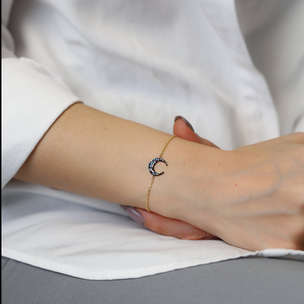 Bracelet à breloques réglable en forme de croissant de lune multicolore Hena minimaliste en argent sterling - Or