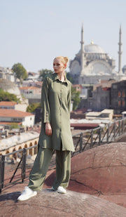 Ilham Long Flowy Buttondown Midi Shirt - Olive - FINAL SALE
