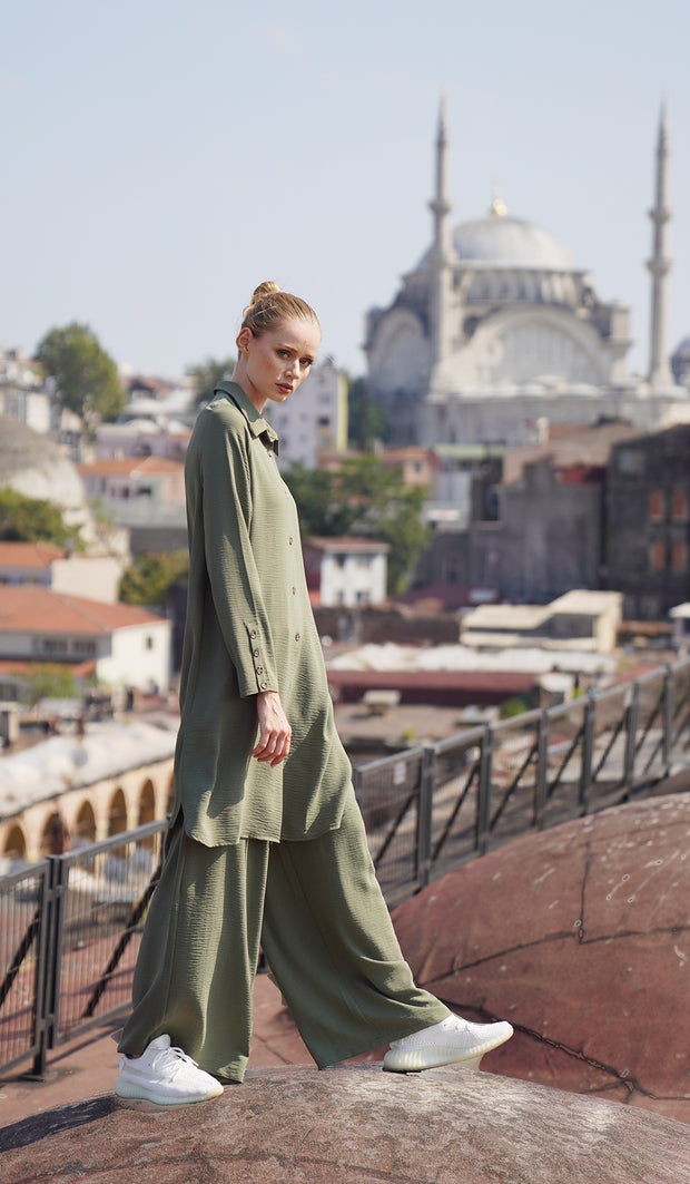 Ilham Long Flowy Buttondown Midi Shirt - Olive - FINAL SALE