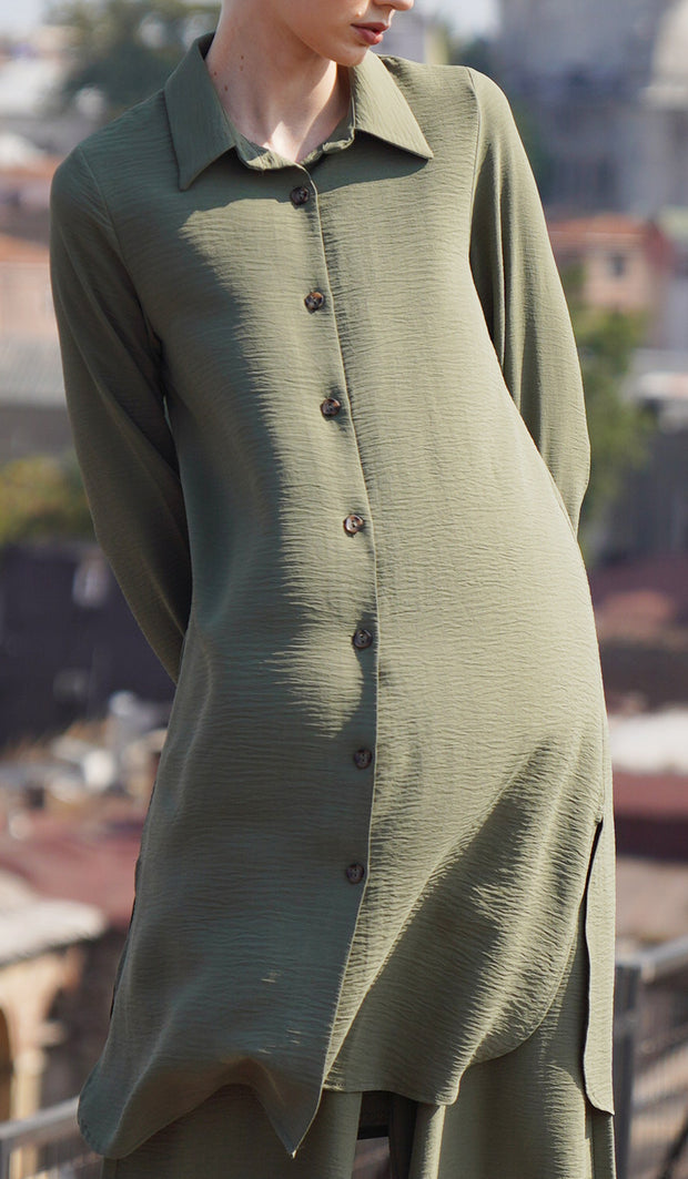 Ilham Long Flowy Buttondown Midi Shirt - Olive - FINAL SALE