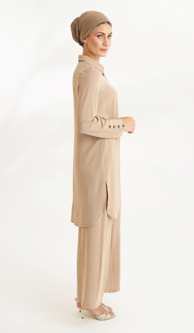 Ilham Long Flowy Buttondown Midi Shirt - Tan - FINAL SALE