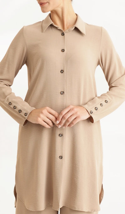 Ilham Long Flowy Buttondown Midi Shirt - Tan - FINAL SALE