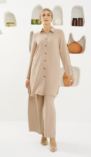 Ilham Long Flowy Buttondown Midi Shirt - Tan - FINAL SALE