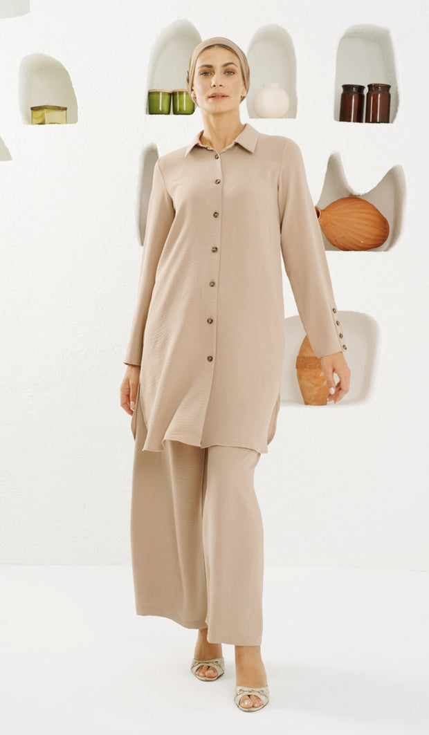Ilham Long Flowy Buttondown Midi Shirt - Tan - FINAL SALE