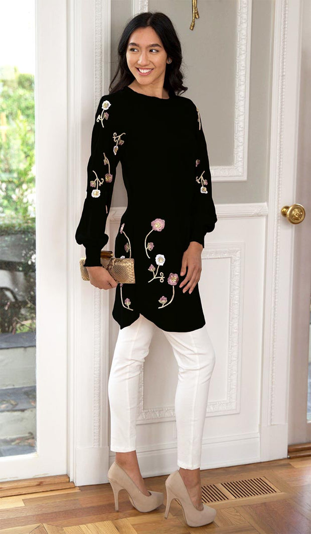 Iman Embroidered Formal Long Modest Tunic - Black