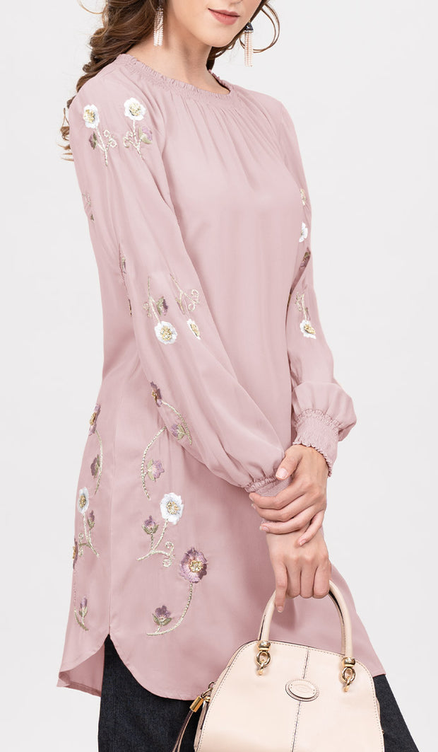 Tunique Longue Modeste Brodée Iman - Rose Blush