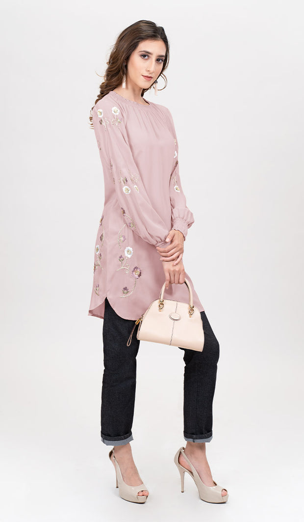 Iman Embroidered Formal Long Modest Tunic - Blush Pink