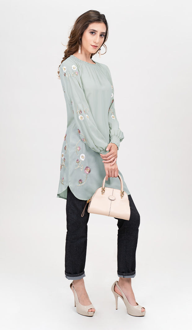 Iman Embroidered Formal Long Modest Tunic - Sage