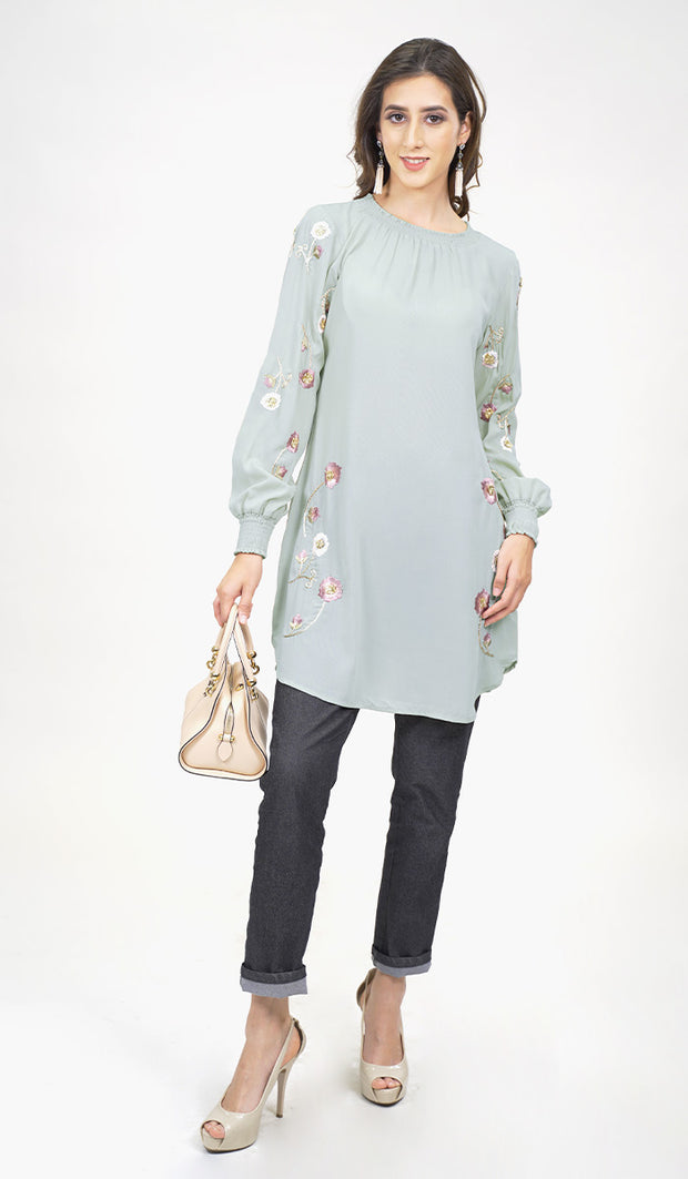 Iman Embroidered Formal Long Modest Tunic - Sage