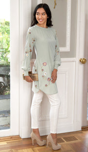 Iman Embroidered Formal Long Modest Tunic - Sage