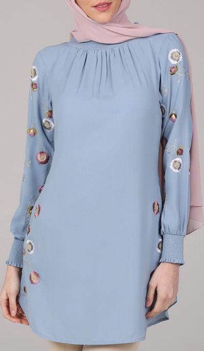 Iman Embroidered Formal Long Modest Tunic - Powder Blue