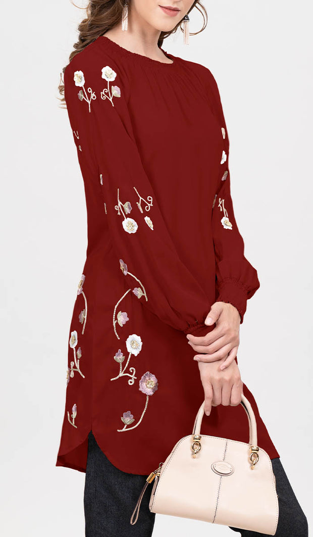 Iman Embroidered Formal Long Modest Tunic - Maroon