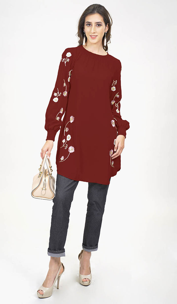 Iman Embroidered Formal Long Modest Tunic - Maroon