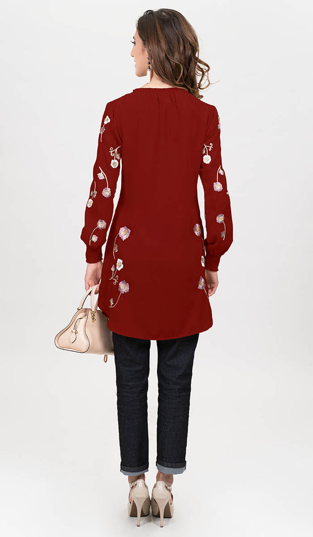 Iman Embroidered Formal Long Modest Tunic - Maroon