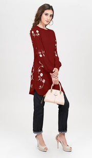 Iman Embroidered Formal Long Modest Tunic - Maroon