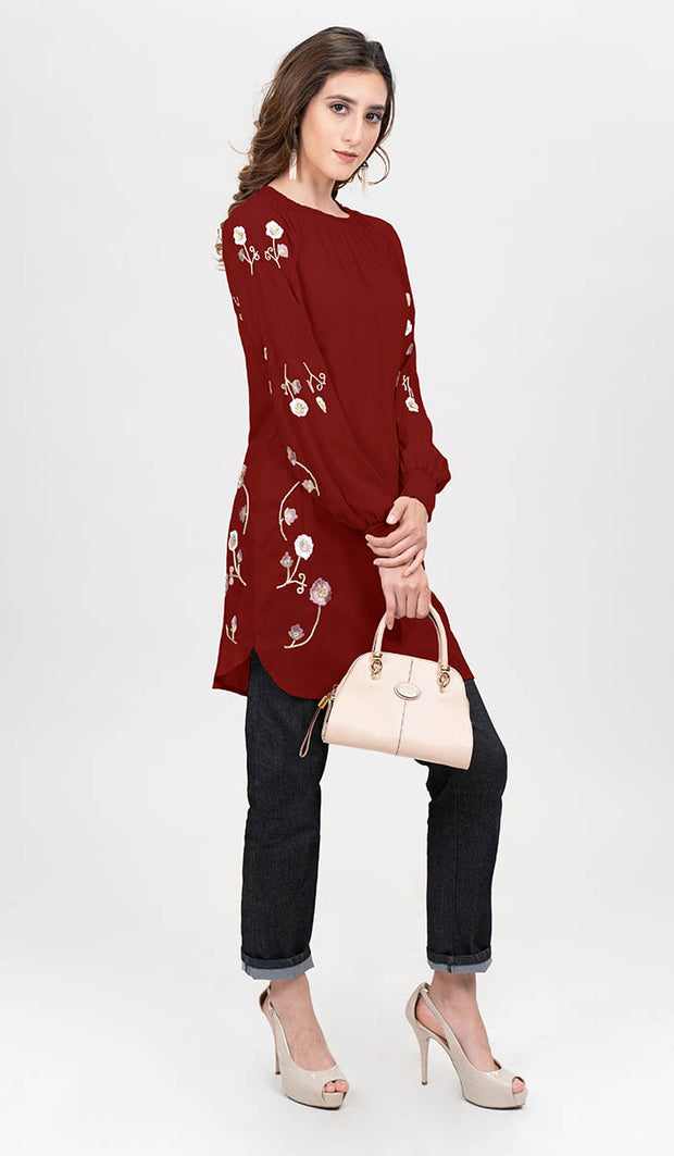 Iman Embroidered Formal Long Modest Tunic - Maroon