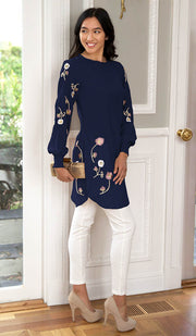 Iman Embroidered Formal Long Modest Tunic - Navy