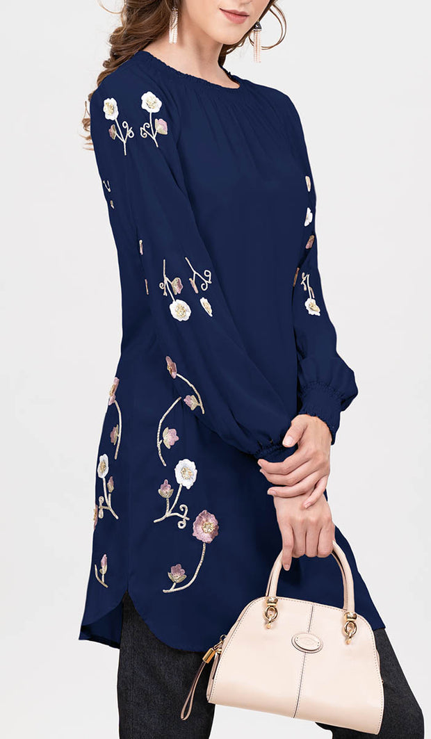 Iman Embroidered Formal Long Modest Tunic - Navy