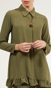 Inaya Flowy Long Modest Buttondown Shirt - Olive