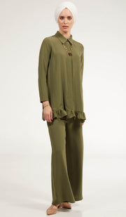 Inaya Flowy Long Modest Buttondown Shirt - Olive