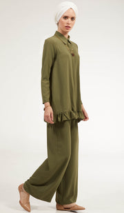 Inaya Flowy Long Modest Buttondown Shirt - Olive