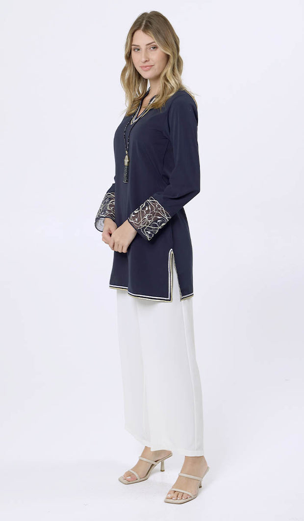 Ines Gold & Silver Embroidered Long Modest Tunic - Midnight