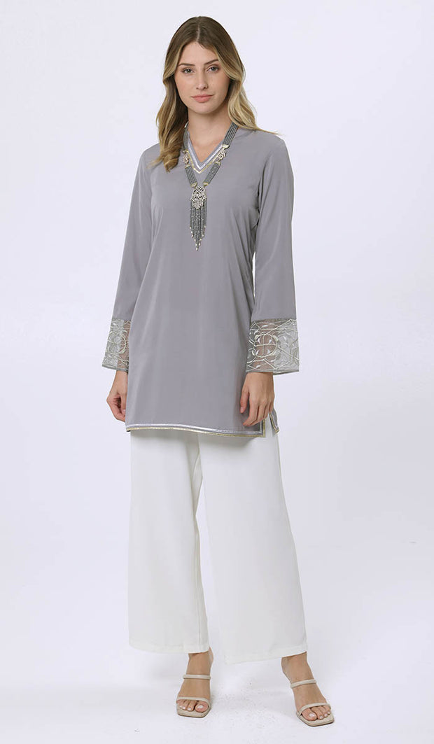 Ines Gold & Silver Embroidered Long Modest Tunic - Pearl