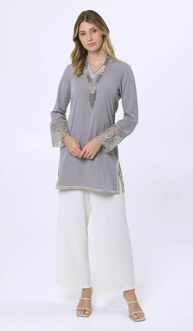 Ines Gold & Silver Embroidered Long Modest Tunic - Pearl